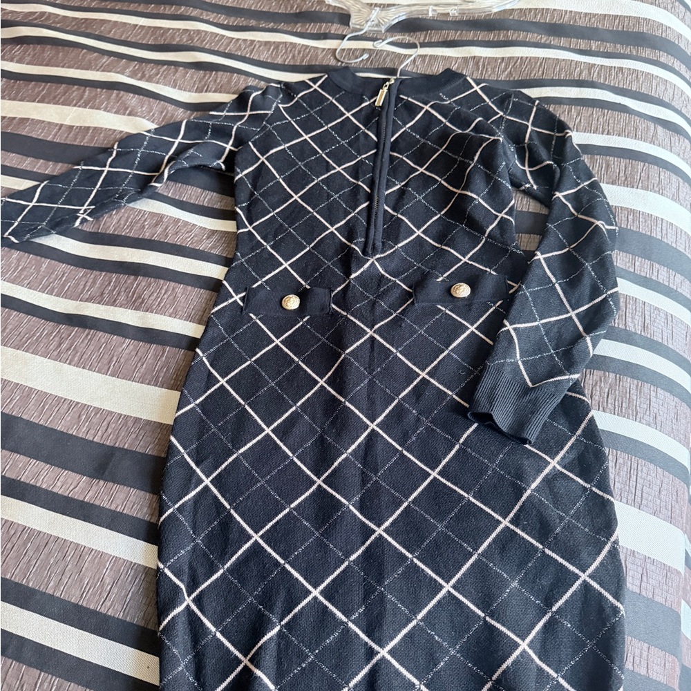 Chic Black and gold & silver Grid Pattern Long Sleeve Dress knitted